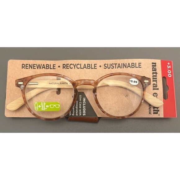 Piranha Cascade Natural Earth Bamboo +3.00 Reader w Case & Cleaning Cloth - Picture 4 of 7